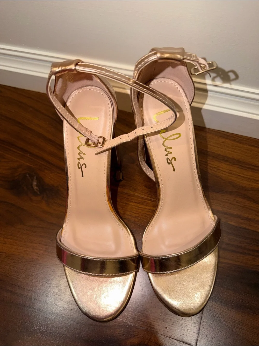 Rose Gold Block Heel Sandals with Ankle Strap